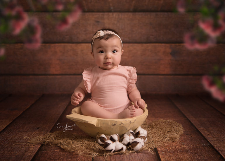 a baby girl in pink dress having a sitter photo shoot taken